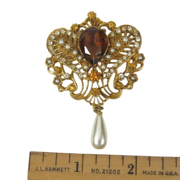 Statement Brooch 2.7 in Dangle Imitation Pearl Pin Goldtone Pendant Rhinestones - Picture 2 of 7